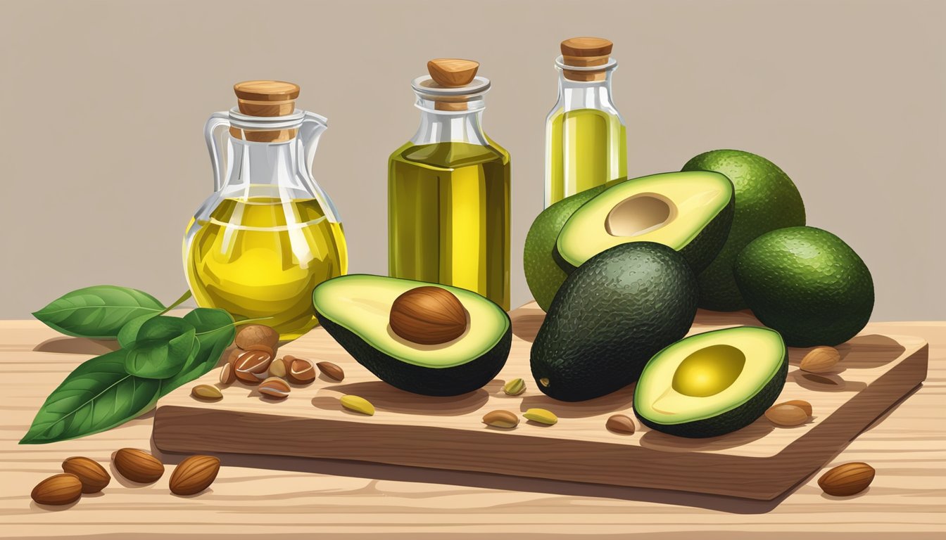 A variety of avocados, nuts, seeds, and olive oil on a wooden cutting board