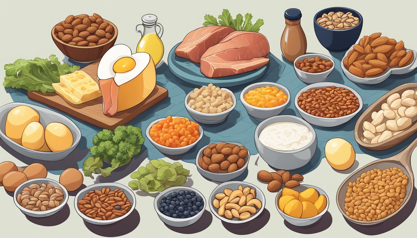 A colorful array of protein-rich foods and snacks arranged on a table, including nuts, seeds, eggs, and lean meats