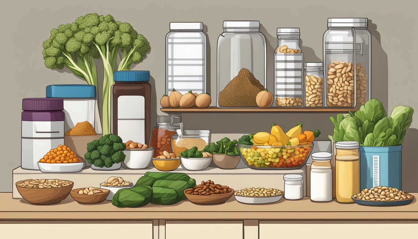 A kitchen counter with various supplements, vegetables, and protein sources, such as nuts, seeds, and tofu, arranged neatly on display