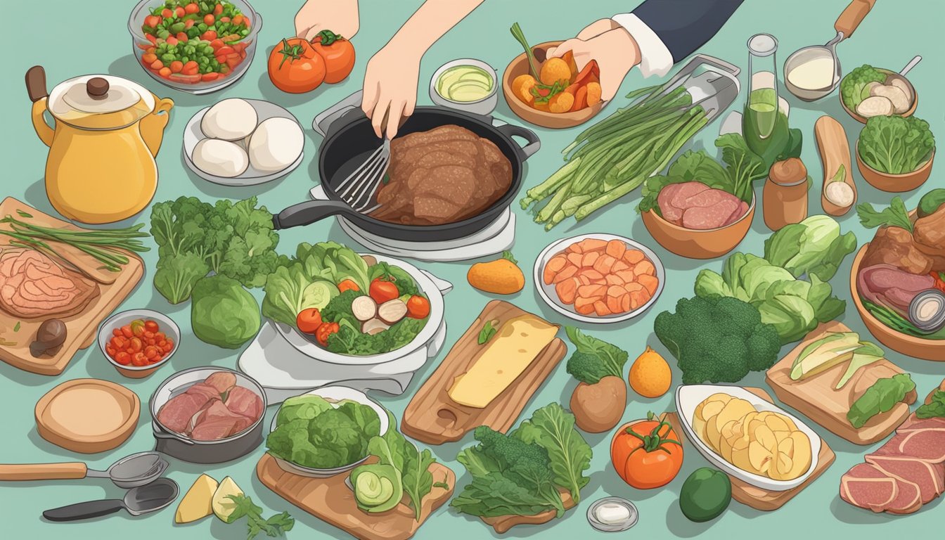 A person cooking keto-friendly meals without fish, surrounded by various vegetables, meats, and cooking utensils