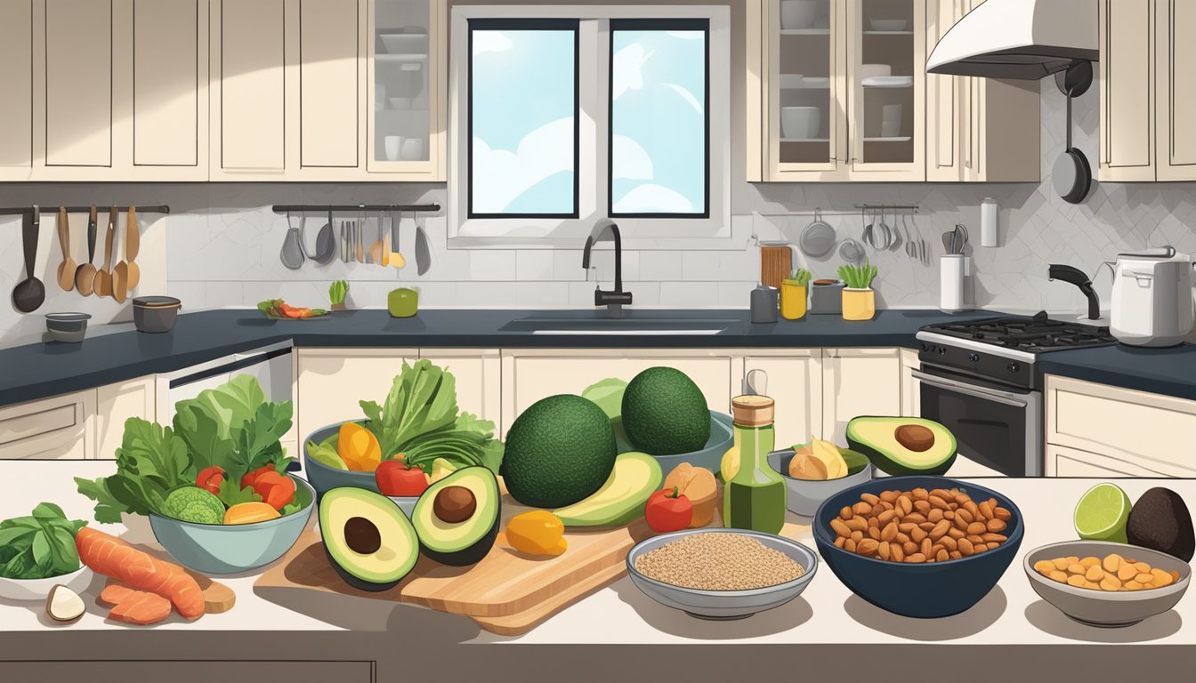 A kitchen counter with various non-fish keto-friendly foods like avocados, nuts, vegetables, and lean meats. A cookbook and a meal plan are also present