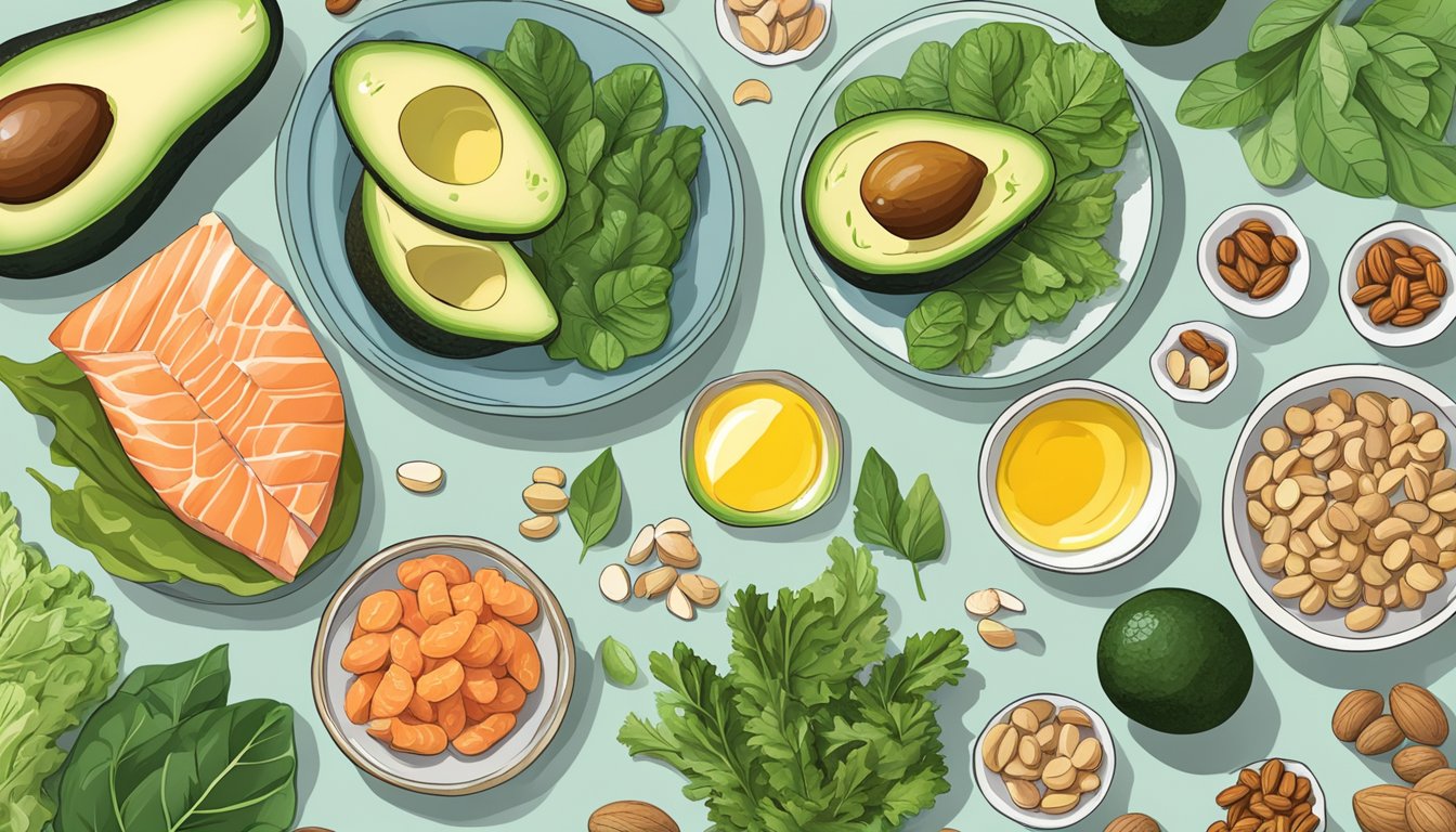 A table spread with keto-friendly foods like avocados, leafy greens, salmon, and nuts, alongside digestive enzymes and bile salts supplements