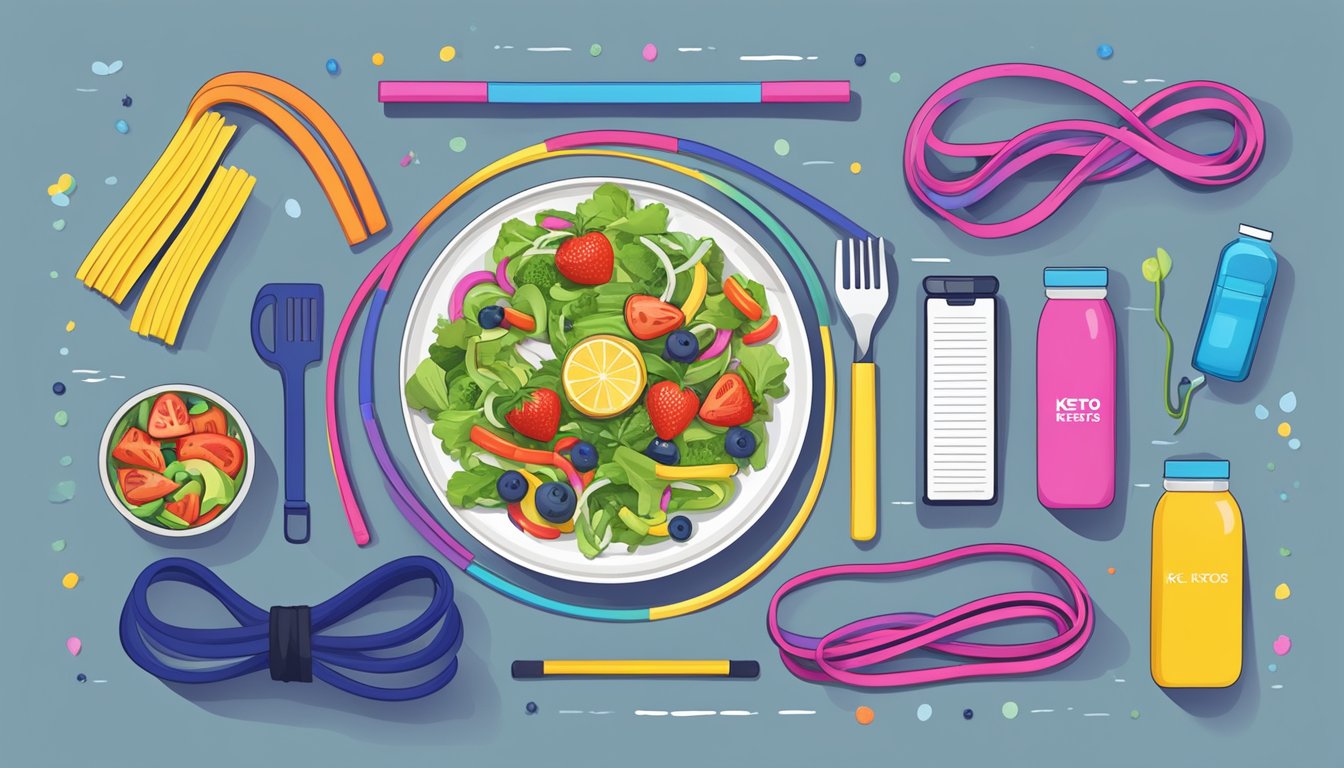 A colorful array of resistance bands arranged next to a keto-friendly meal and a water bottle, surrounded by motivational quotes and fitness accessories