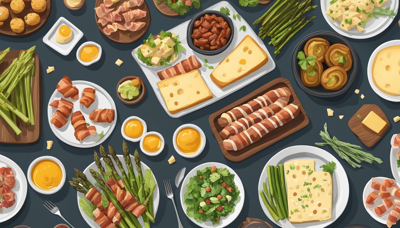 A table set with a variety of keto-friendly appetizers, including stuffed mushrooms, bacon-wrapped asparagus, and cheese platters