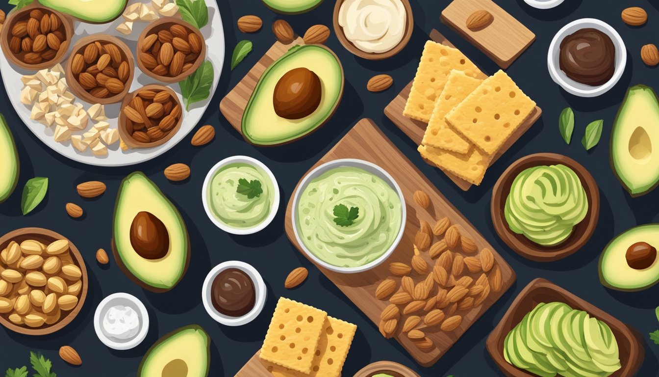 A spread of keto-friendly snacks arranged on a wooden board, including nuts, cheese, avocado slices, and low-carb crackers, with a bowl of dip in the center