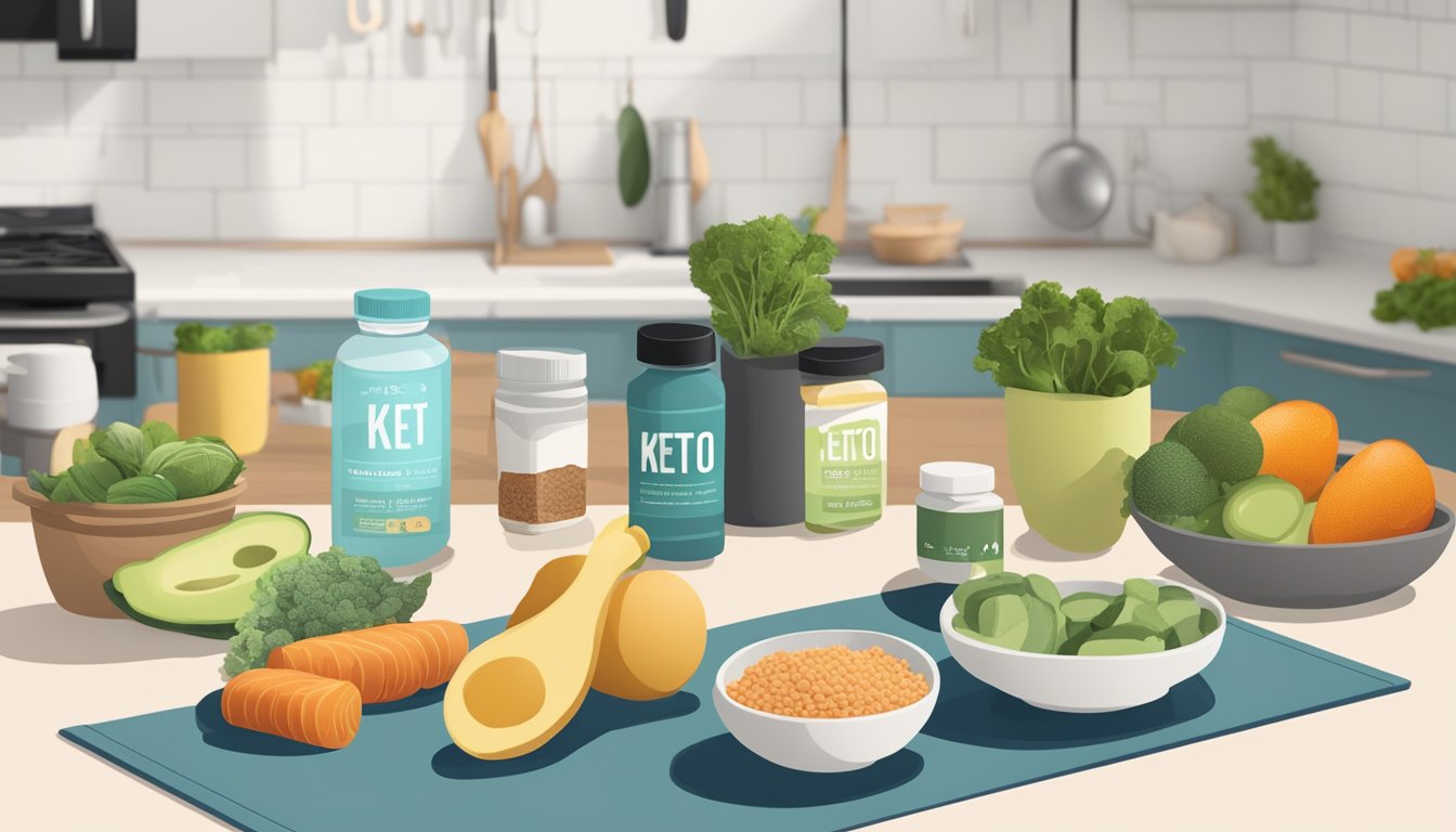 A kitchen counter with keto-friendly foods and supplements next to a pilates mat and equipment