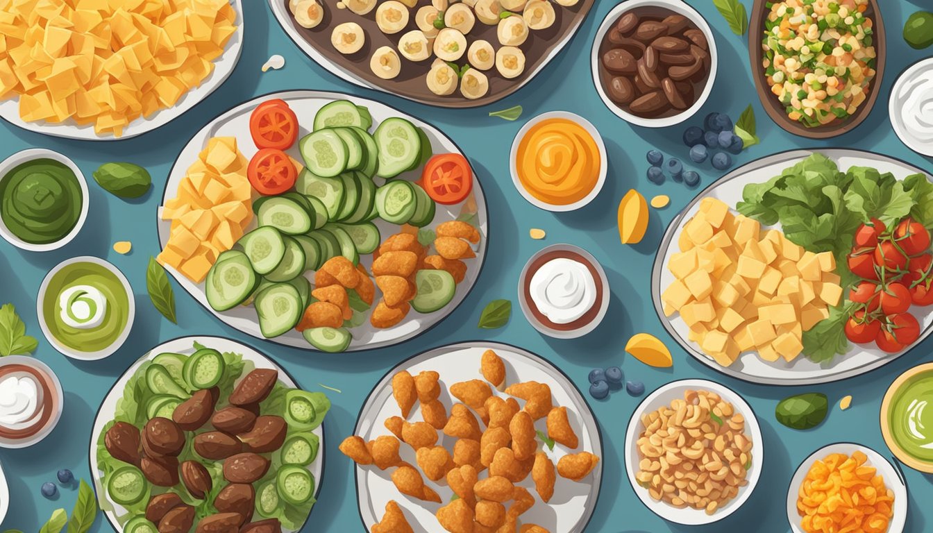 A table set with a variety of keto-friendly game day snacks, arranged on serving platters and bowls with colorful garnishes