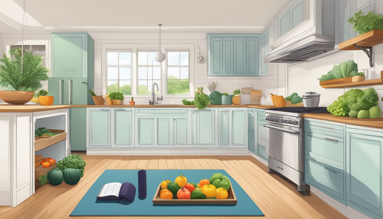 A serene kitchen with fresh produce, a yoga mat, and a pilates ball, surrounded by cookbooks and a calendar for meal planning