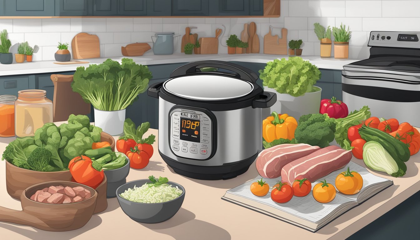 A kitchen counter with a variety of fresh vegetables, meats, and herbs, alongside an Instant Pot and a cookbook open to a page on keto-friendly recipes