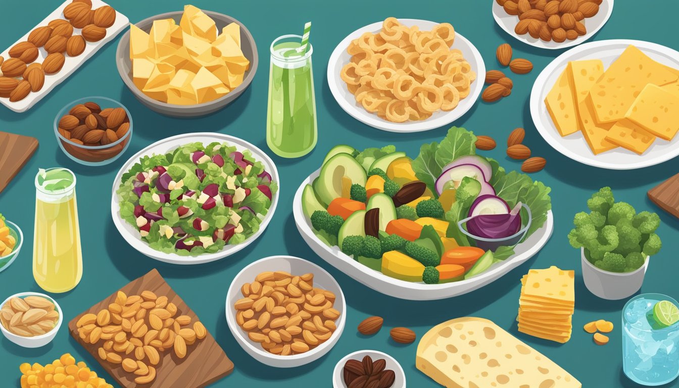 A table set with a variety of keto-friendly game day snacks such as nuts, cheese, and vegetables, alongside a selection of low-carb beverages like sparkling water and sugar-free sodas