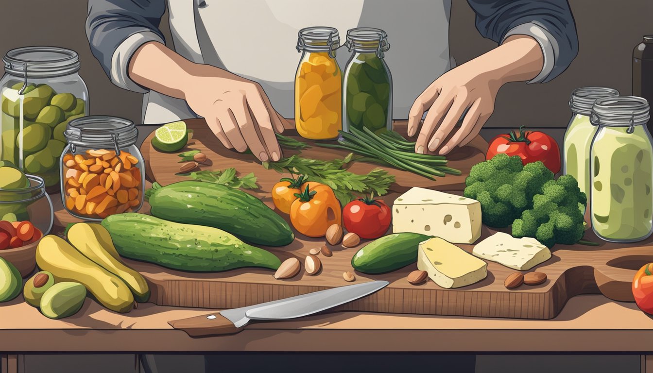 A person preparing a variety of fresh vegetables, meats, and cheeses on a cutting board, surrounded by jars of olives, nuts, and avocados