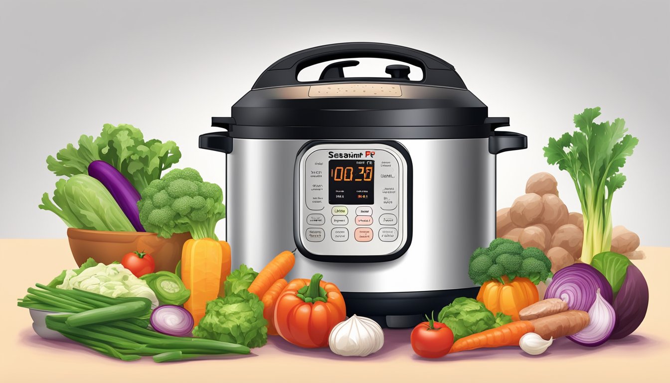 A variety of fresh vegetables, lean meats, and healthy fats being prepared in an Instant Pot, with steam rising from the pot and vibrant colors of the ingredients