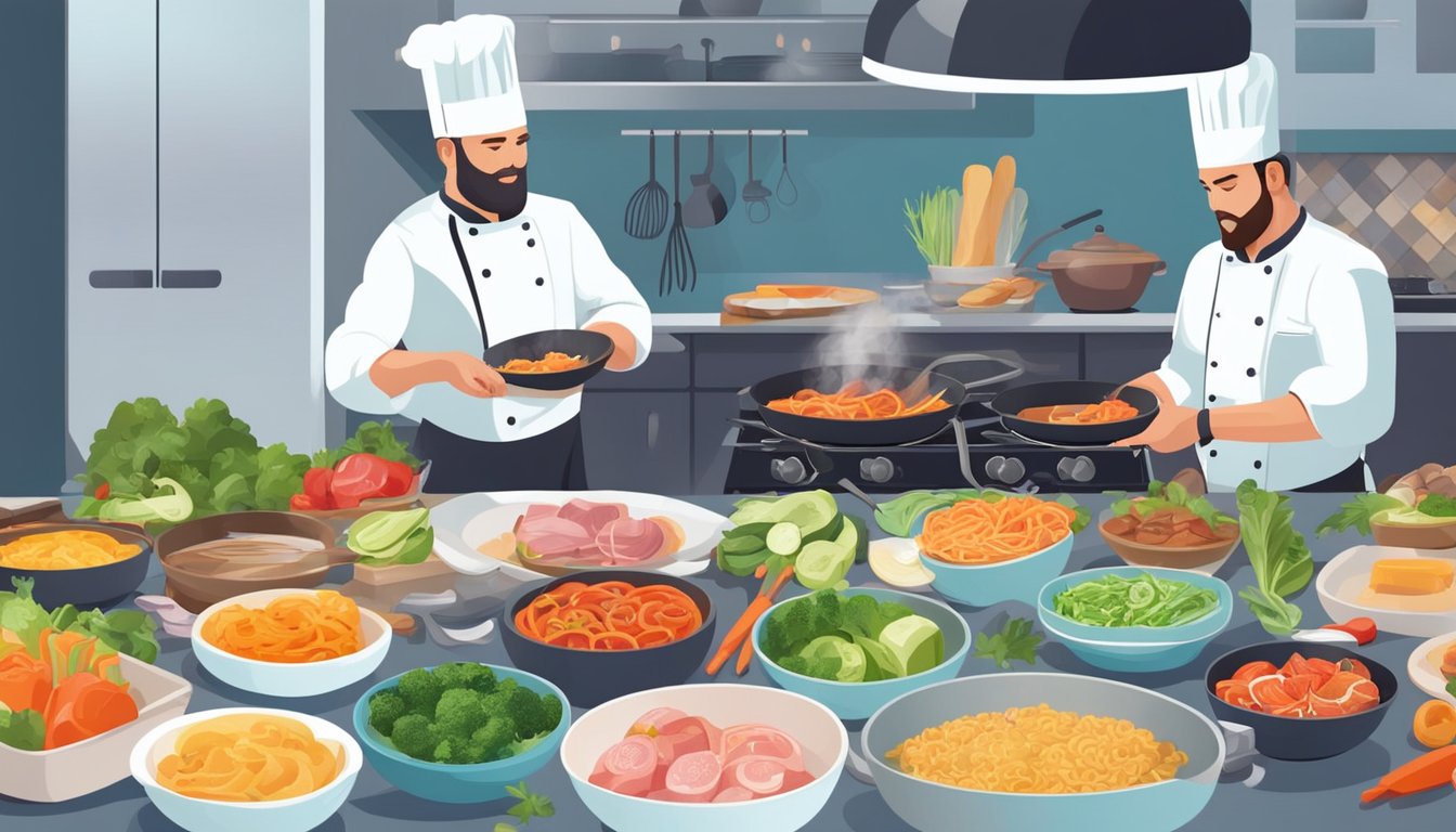 A chef prepares a variety of colorful keto dishes using a stovetop, grill, and raw ingredients