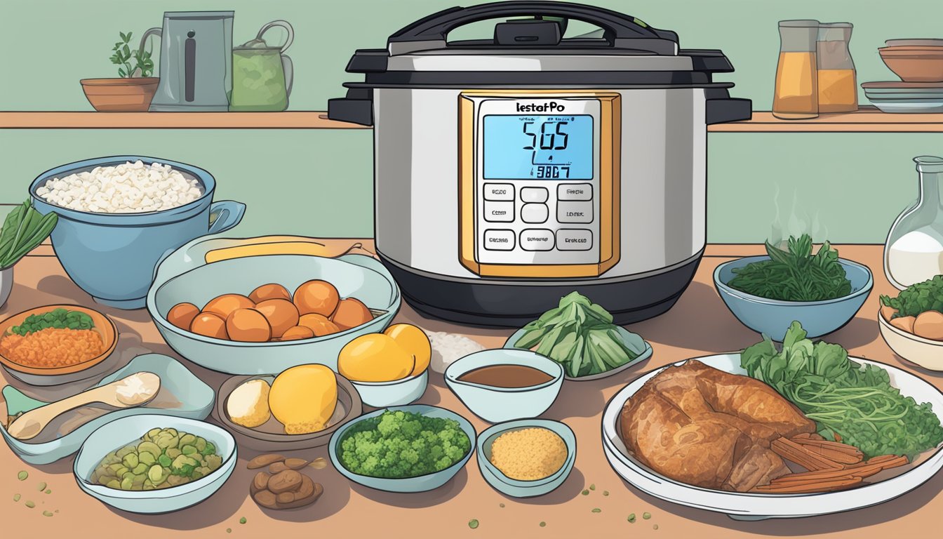 A steaming Instant Pot surrounded by various keto-friendly ingredients, with a digital display showing error codes