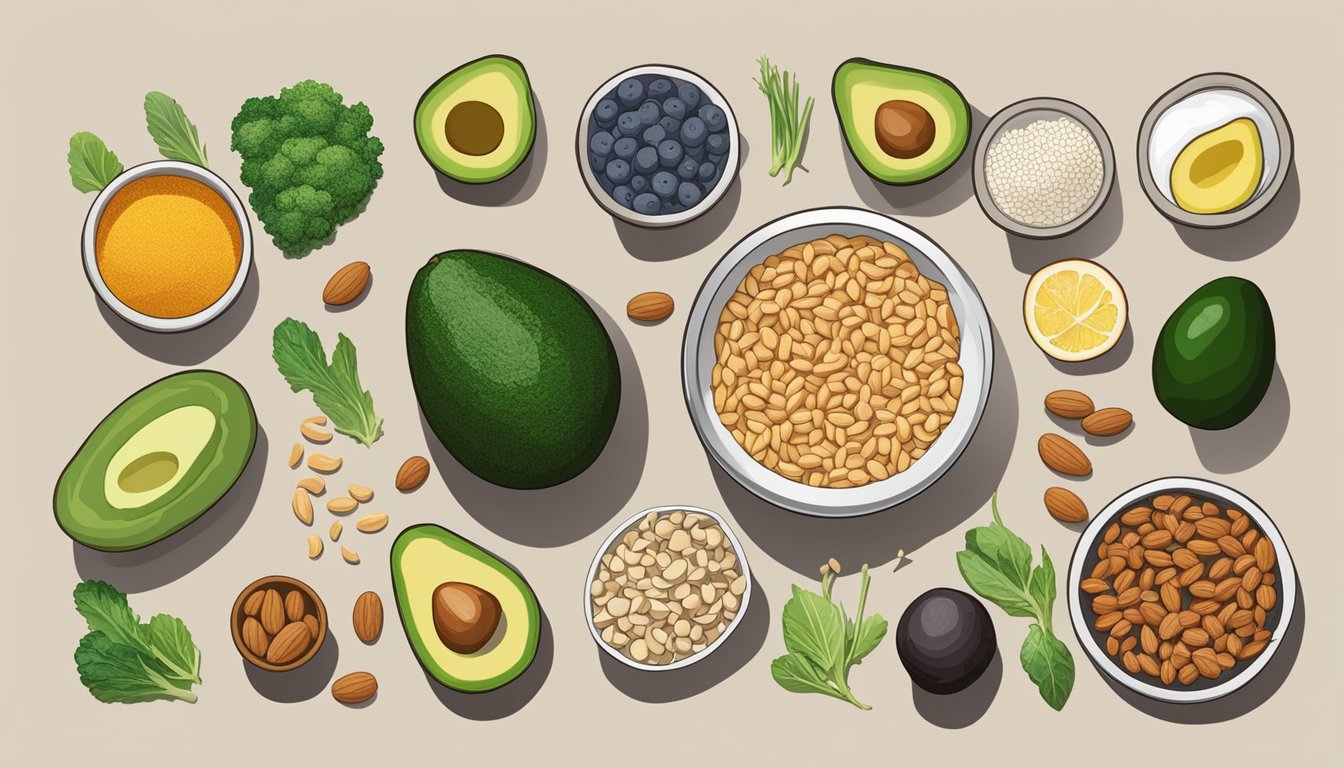 A variety of keto-friendly ingredients arranged on a countertop, including nuts, seeds, avocados, and vegetables, with a blender and mixing bowls nearby