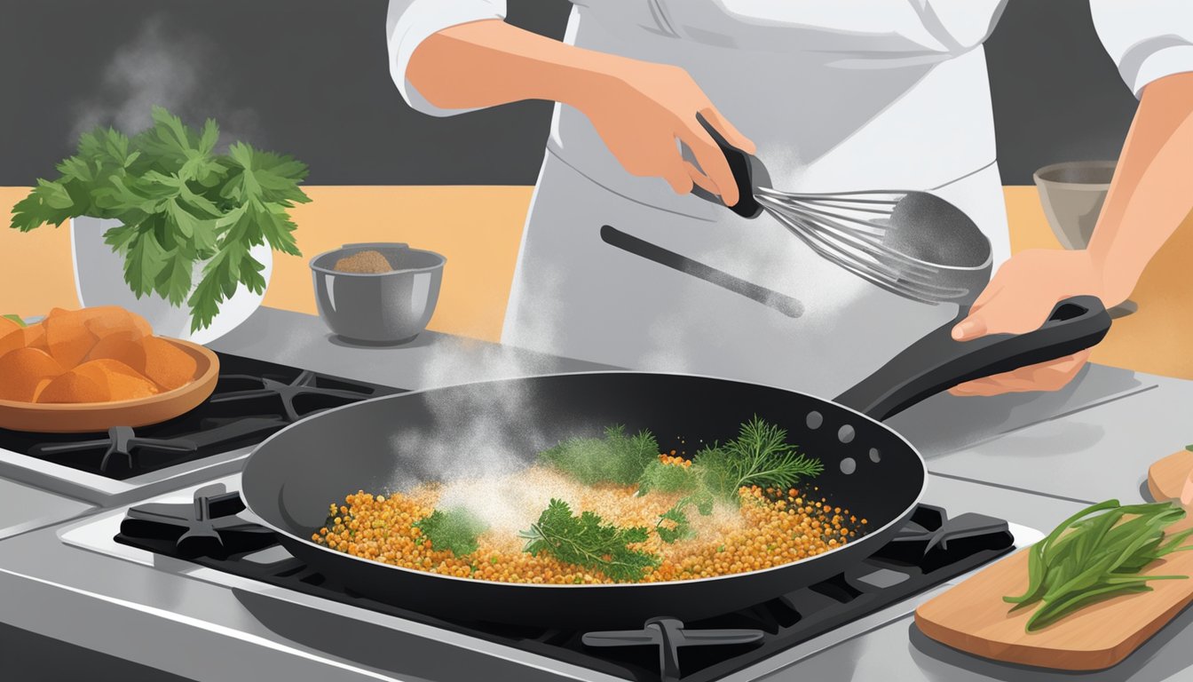 A chef sprinkling herbs and spices onto sizzling skillet of keto-friendly ingredients on a stovetop