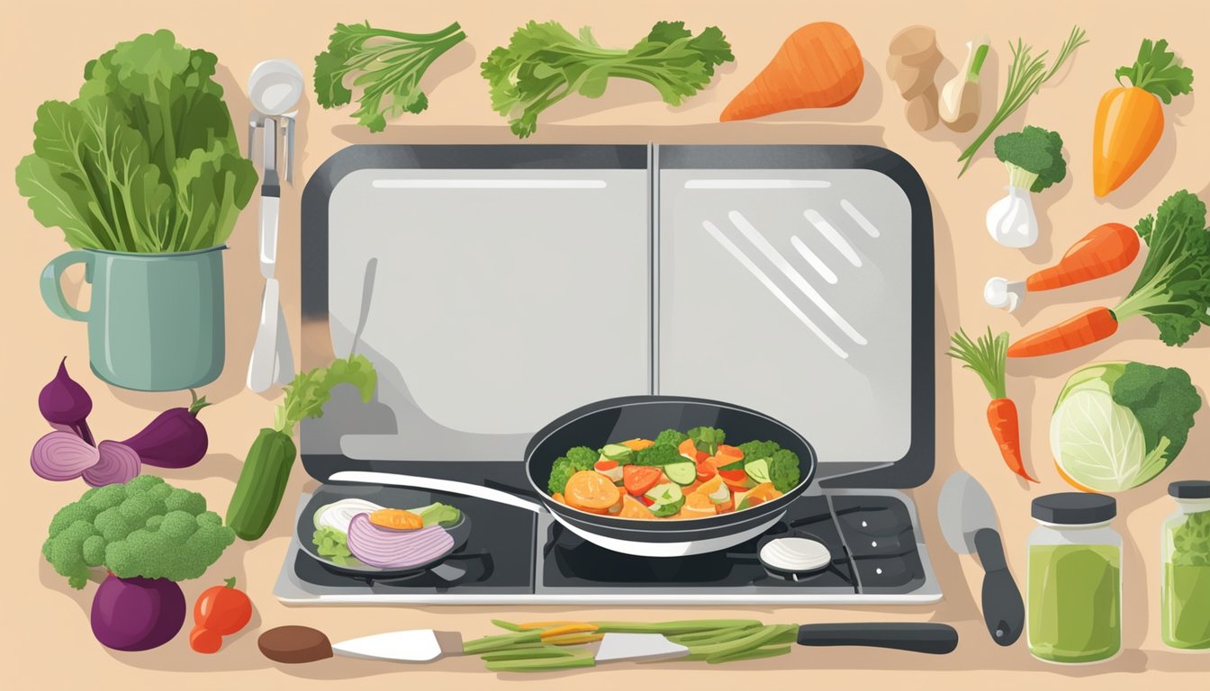 A person preparing a keto meal on a stovetop, surrounded by fresh vegetables, a cutting board, and various cooking utensils