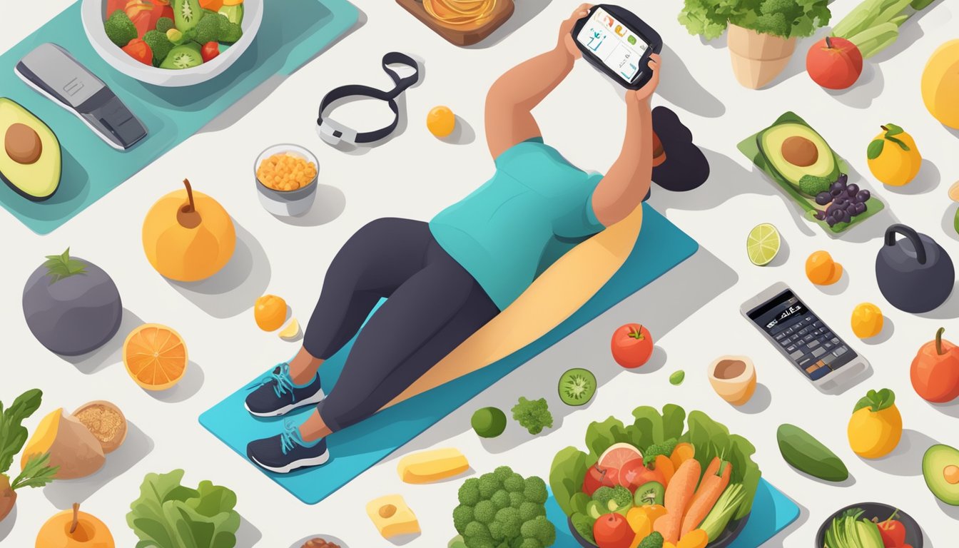 A person monitoring their keto diet while exercising with kettlebells, surrounded by healthy food options and a fitness tracker