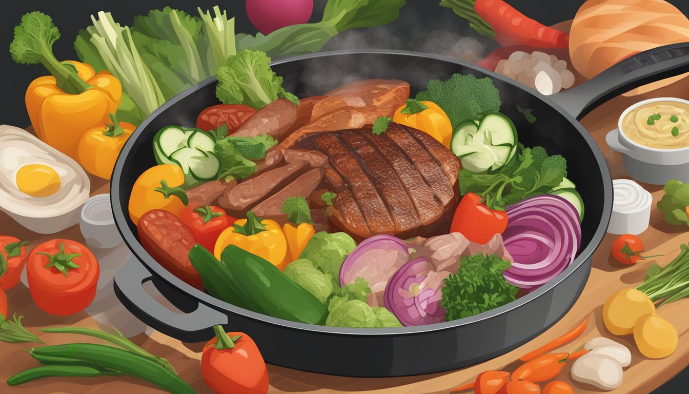 A colorful array of fresh vegetables, lean meats, and healthy fats arranged around a sizzling one-pot meal on a modern stovetop