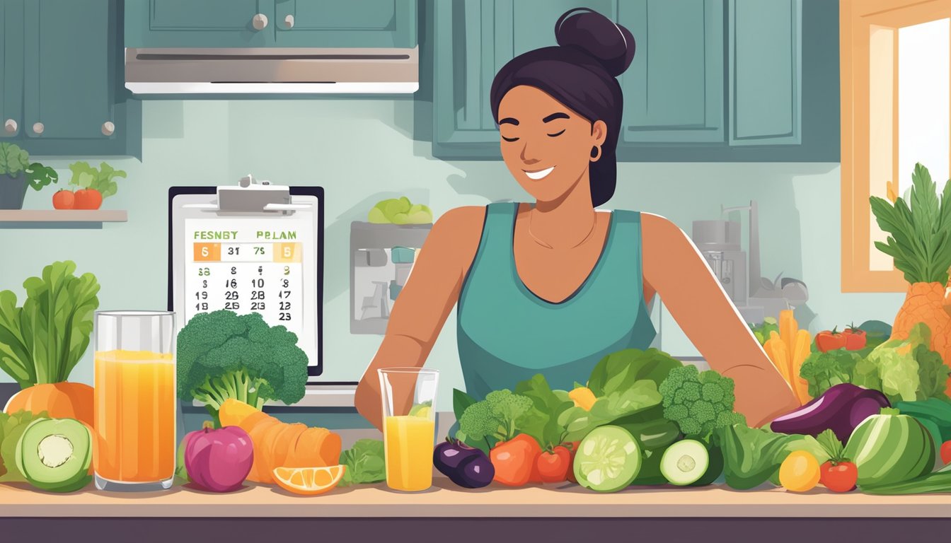 A person blending fresh vegetables and fruits into a colorful juice while surrounded by keto-friendly ingredients and a fasting plan calendar