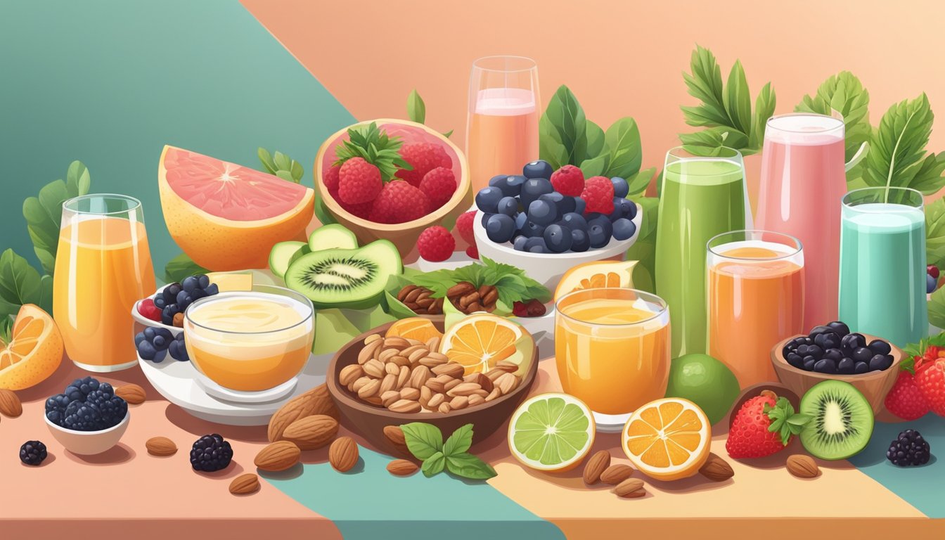 A table with various types of fresh juices and keto-friendly beverages, surrounded by fasting-friendly foods like nuts and berries