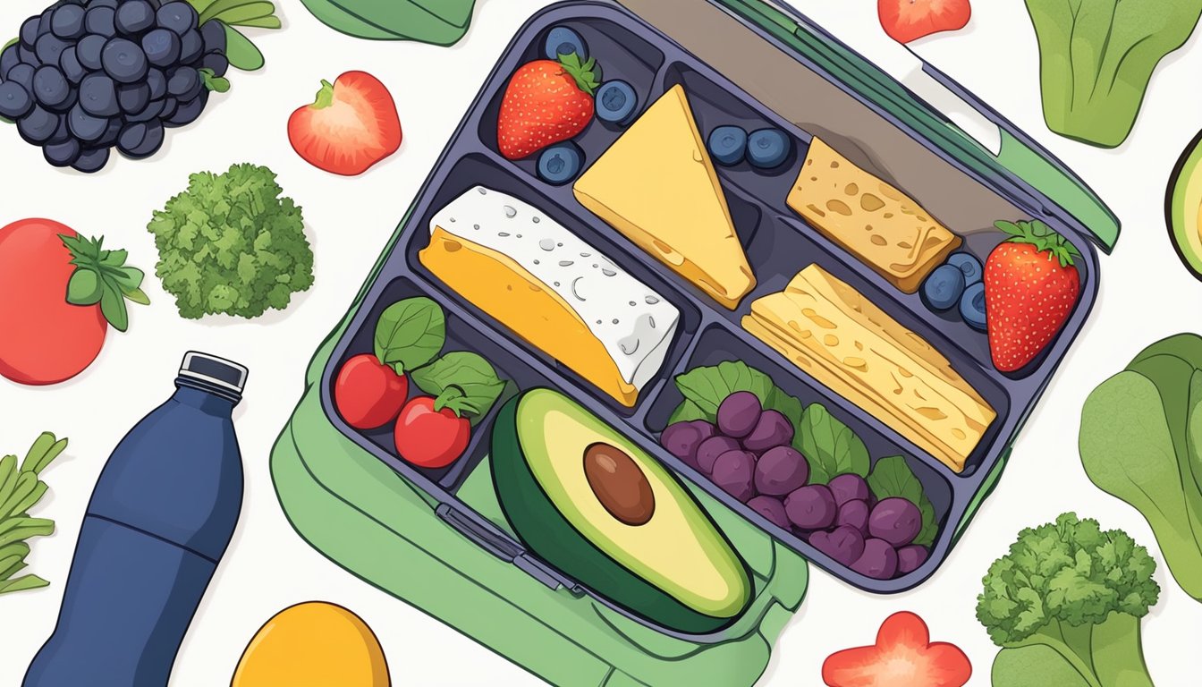 A colorful lunchbox filled with keto-friendly foods like avocado, cheese, and berries, surrounded by vibrant vegetables and a water bottle