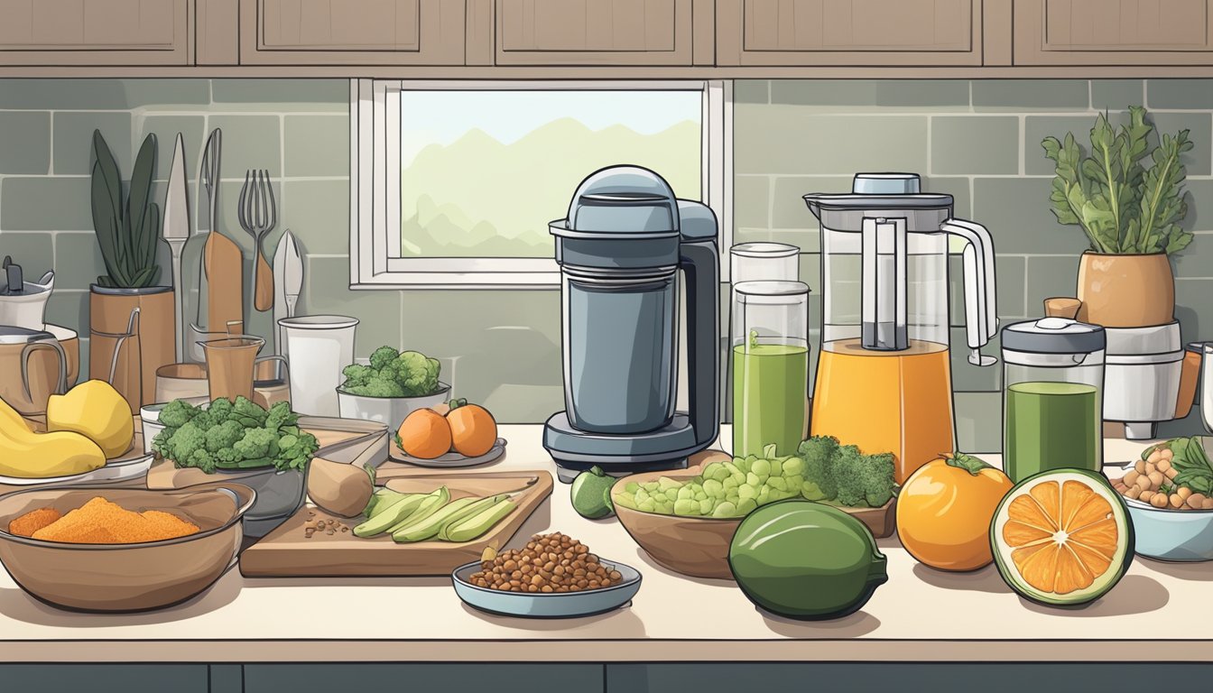 A kitchen counter with keto-friendly foods and a juicer, surrounded by measuring tools and a journal for tracking progress