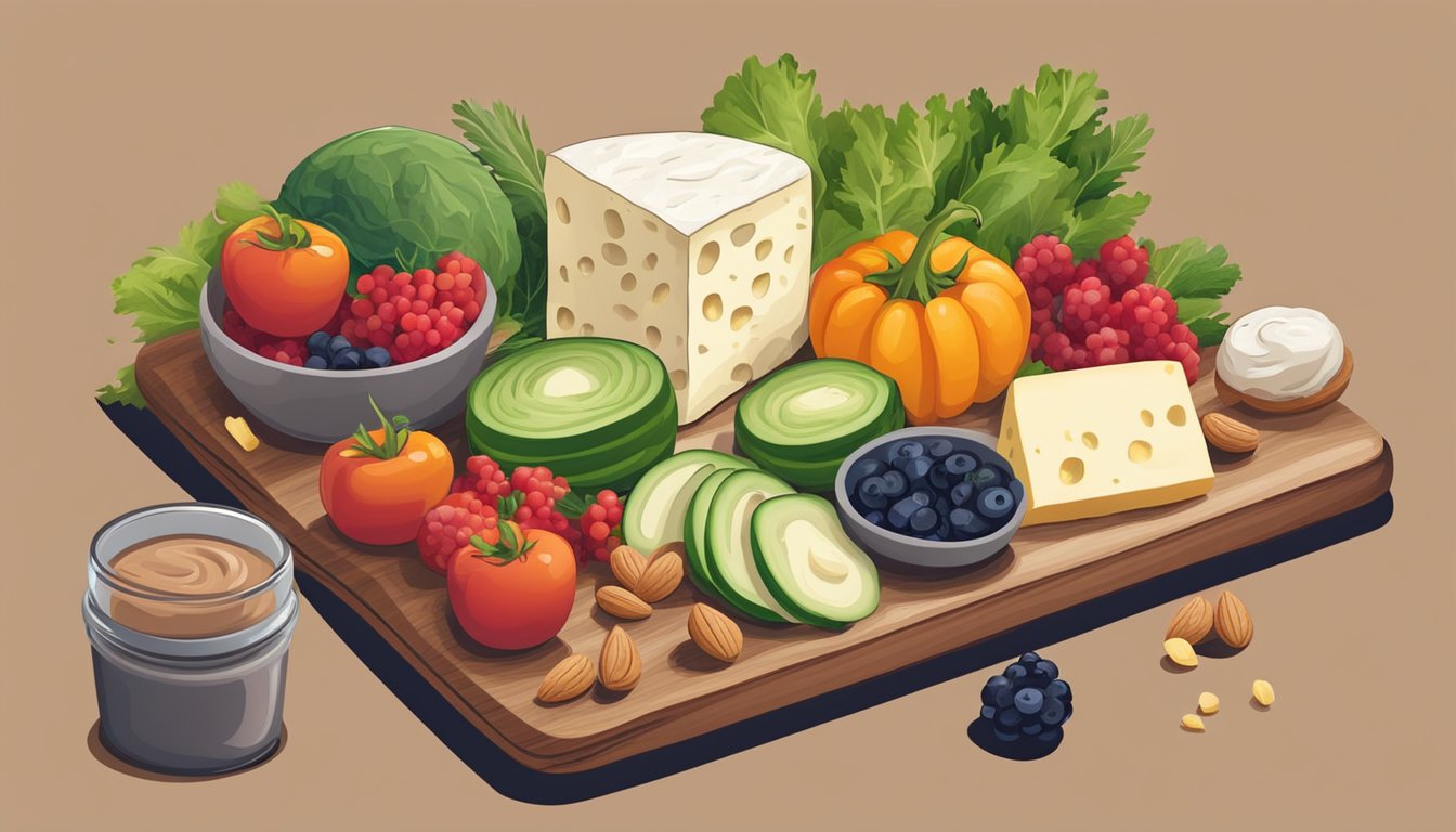 A colorful array of fresh vegetables, cheese, nuts, and berries arranged on a wooden cutting board, with a small container of dip on the side