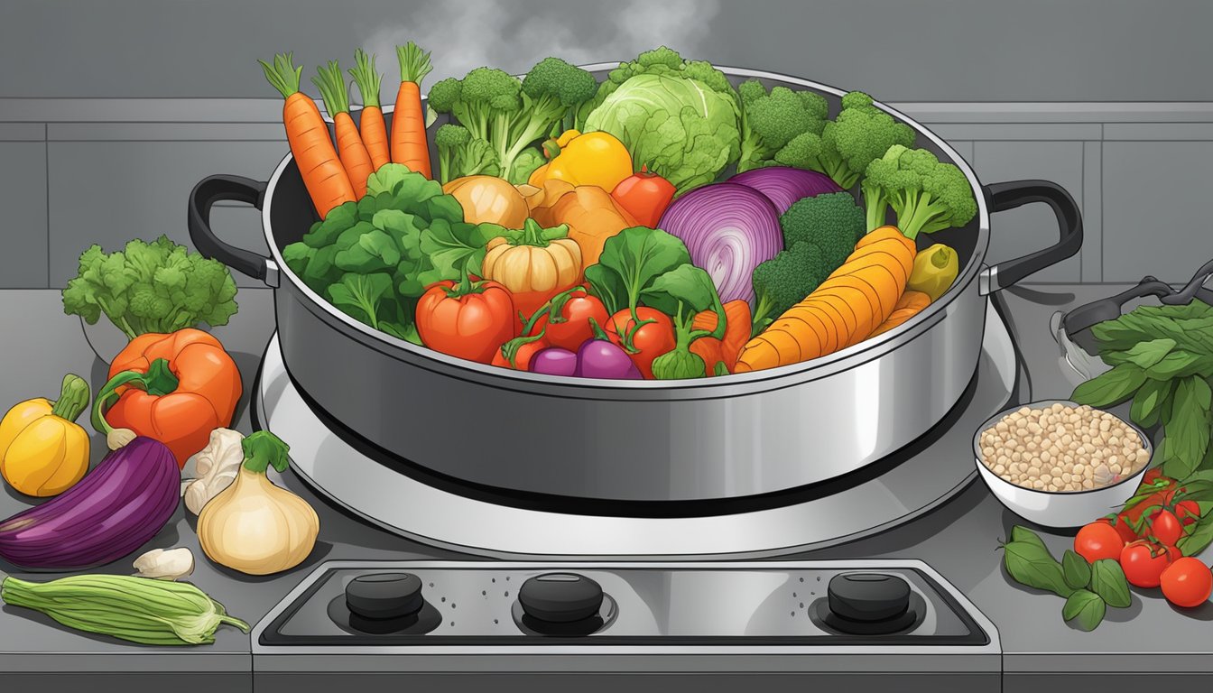 A colorful array of fresh vegetables and lean proteins simmering in a large pot on a stovetop, emitting tantalizing aromas