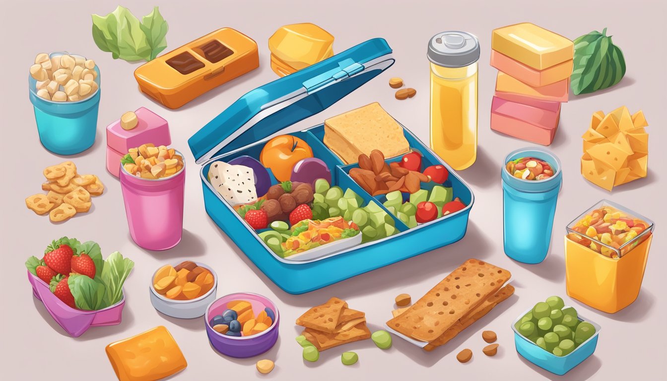 A colorful lunchbox filled with keto-friendly snacks and treats, surrounded by playful and happy children