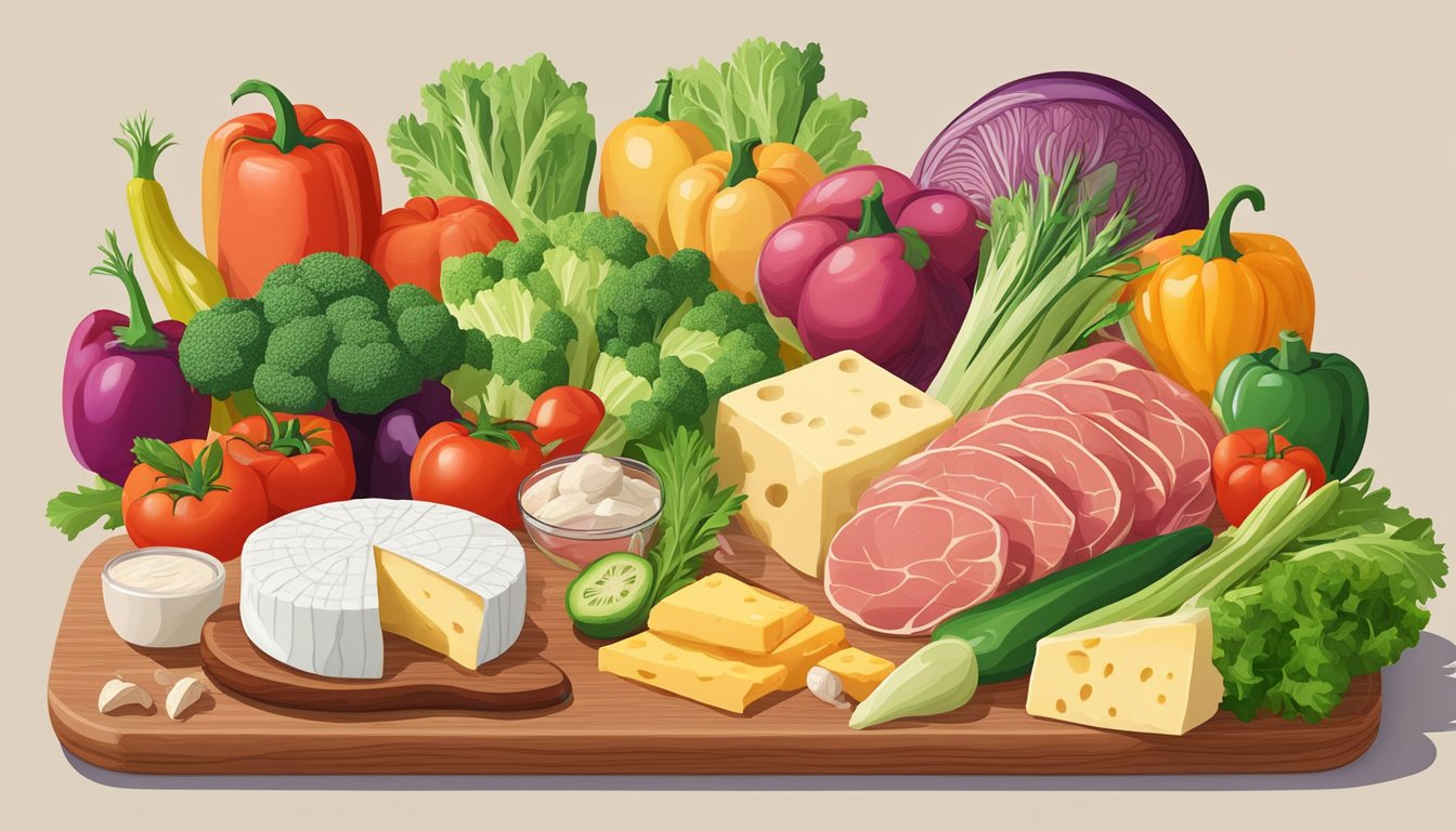 A colorful array of fresh vegetables, cheese, and lean meats arranged on a wooden cutting board, with a variety of keto-friendly substitutes for high-carb ingredients