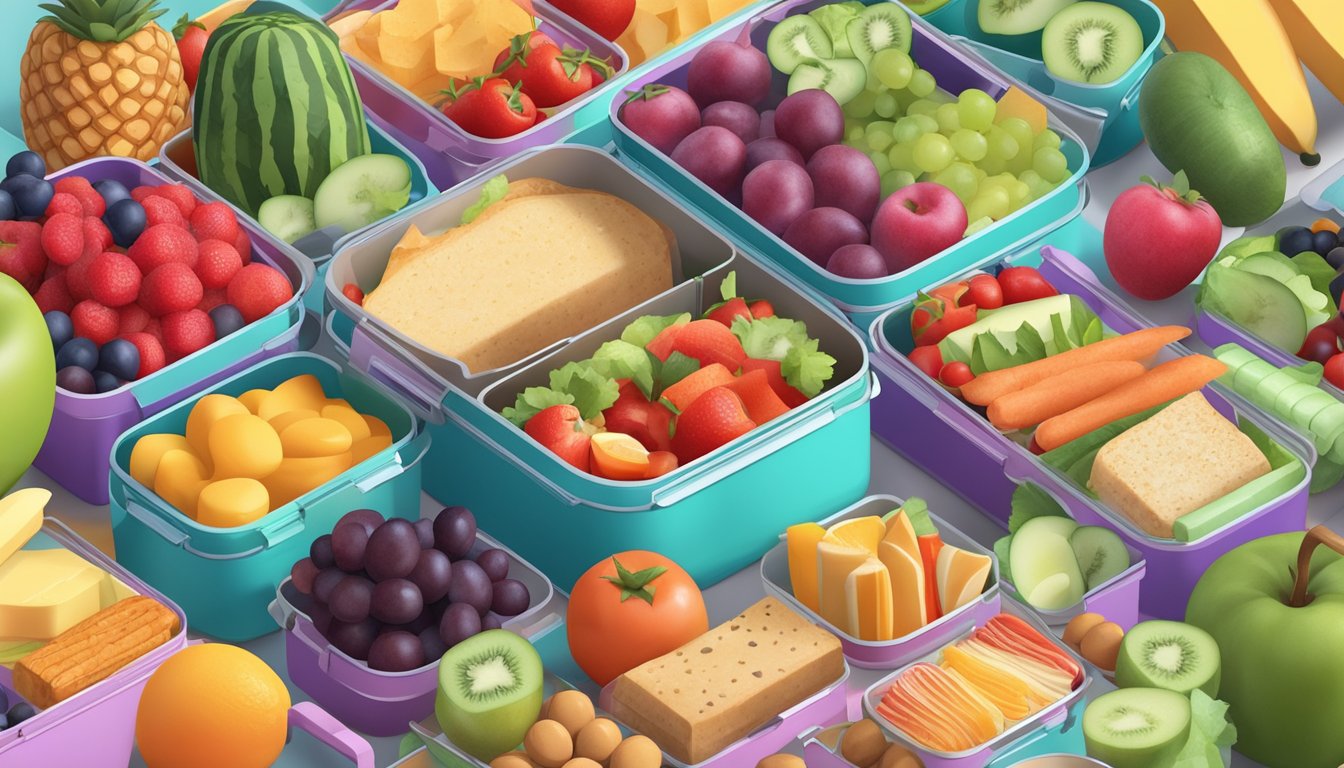 A colorful lunchbox filled with keto-friendly snacks and a variety of fruits and vegetables, surrounded by a group of children socializing and enjoying their meals