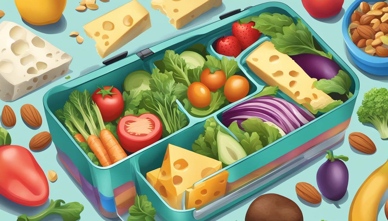 A colorful lunchbox filled with keto-friendly foods like vegetables, cheese, and nuts, surrounded by playful and vibrant illustrations of healthy ingredients