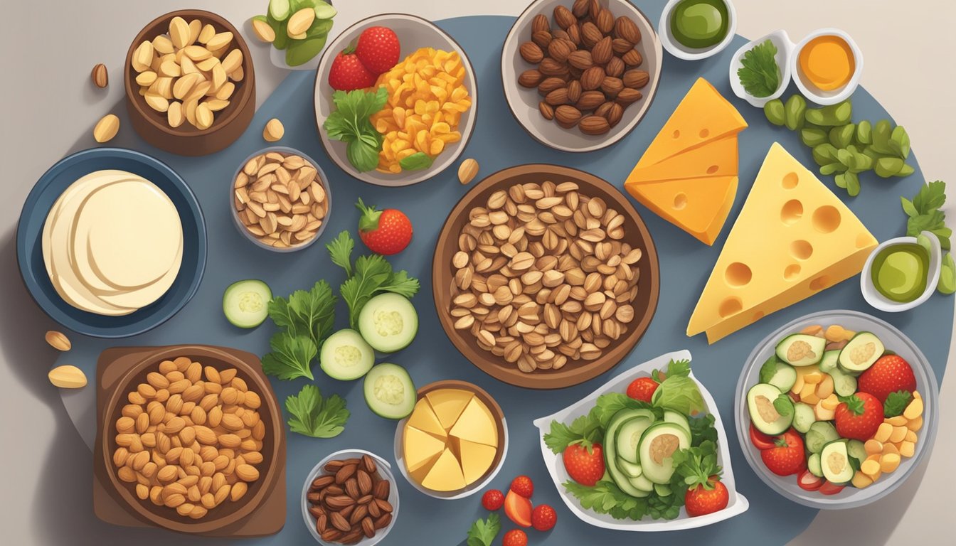 A desk with a variety of keto-friendly snacks, such as nuts, cheese, and vegetables, neatly arranged in containers and on a plate