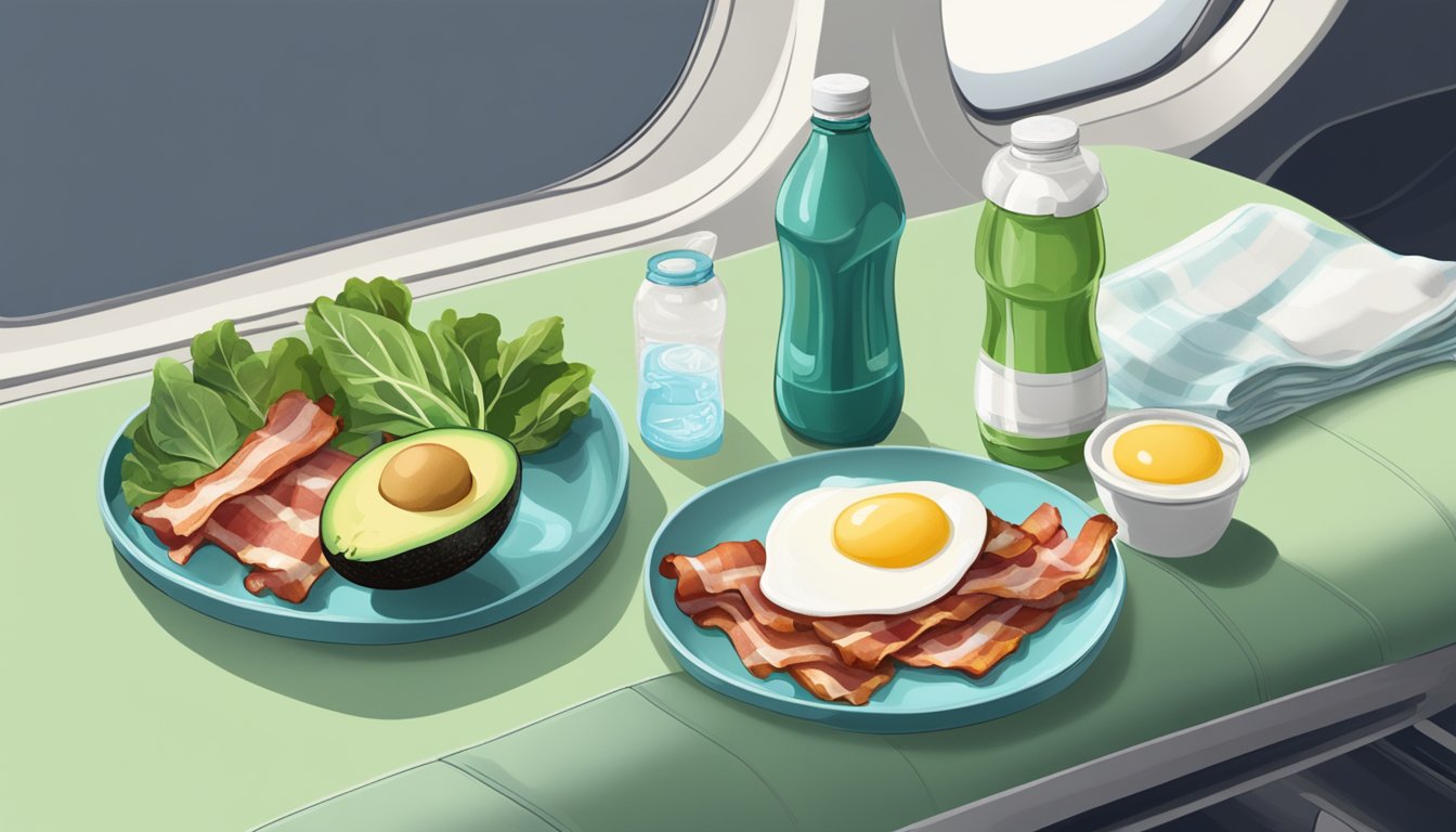 A tray table on a plane holds a meal of avocado, eggs, and bacon, with a side of leafy greens and a bottle of water