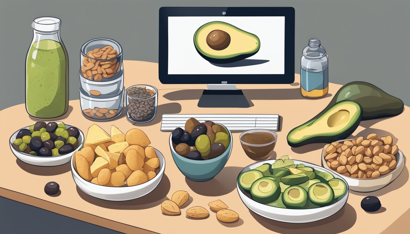 A desk with a variety of keto-friendly snacks such as nuts, seeds, cheese, and avocado on a plate, alongside a water bottle and a small bowl of olives