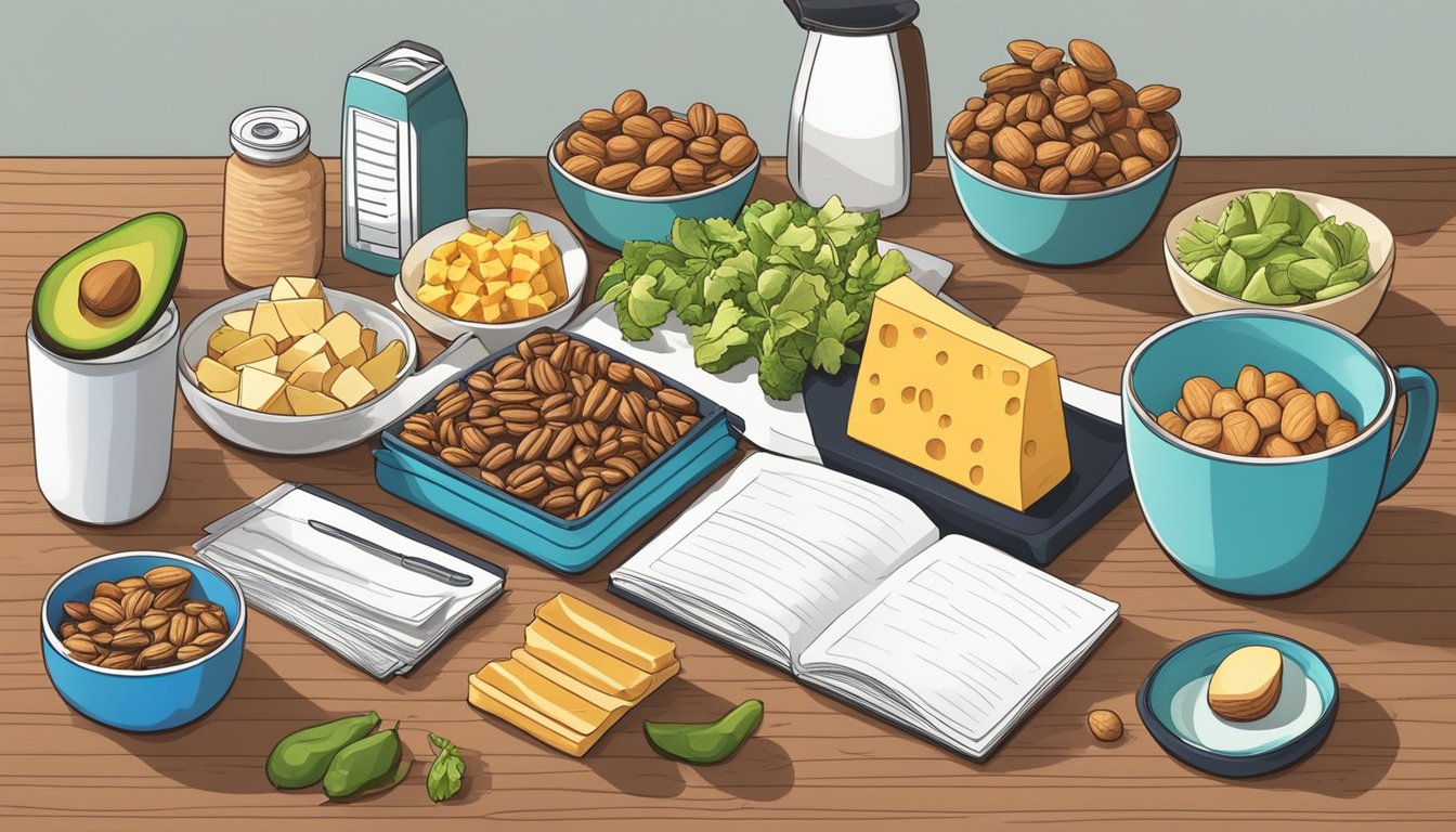 A variety of keto-friendly snacks arranged neatly on a desk in an office setting. Items include nuts, cheese, avocado, and sliced vegetables