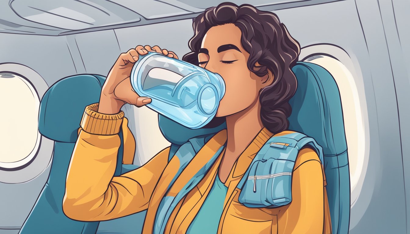 A person drinking water from a reusable bottle while avoiding keto flu symptoms on a plane