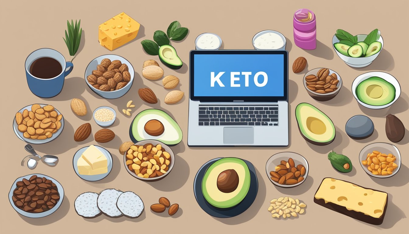 A variety of keto-friendly snacks neatly arranged on a desk in an office setting. Items include nuts, cheese, avocado, and low-carb protein bars