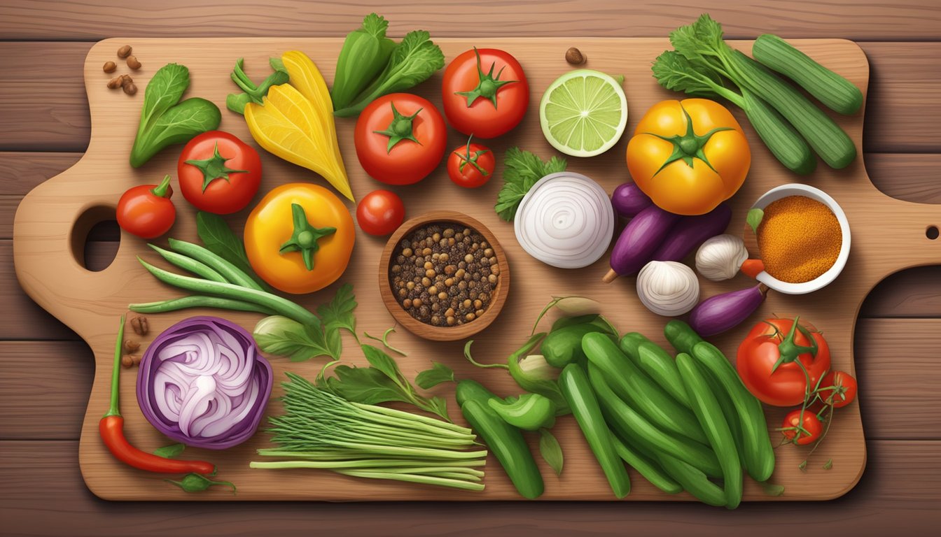 A colorful array of fresh vegetables and spices arranged on a wooden cutting board, with a mortar and pestle nearby