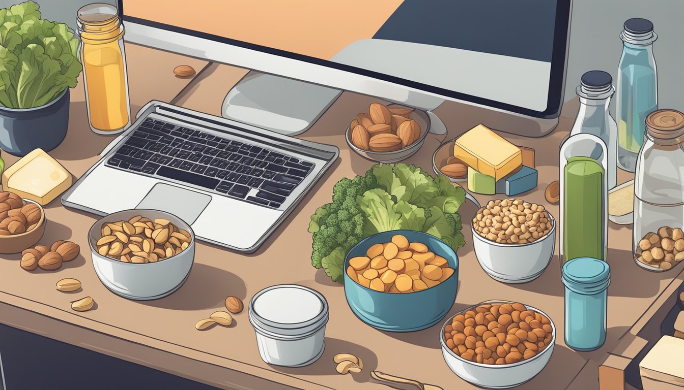 A desk with a variety of keto-friendly snacks neatly arranged in containers, including nuts, cheese, and vegetables, with a water bottle nearby