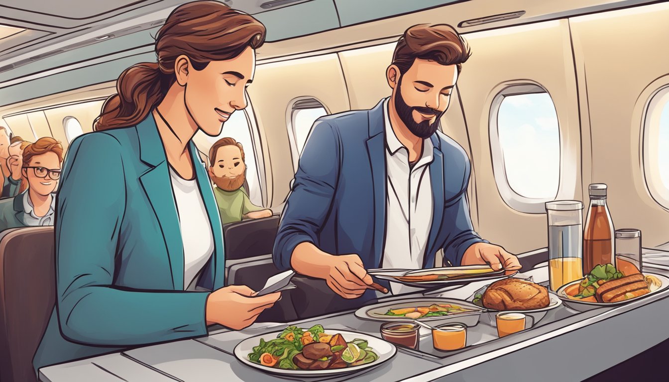 A traveler orders a keto-friendly meal at an airport restaurant before boarding a plane. They navigate the in-flight menu, selecting low-carb options for their meal