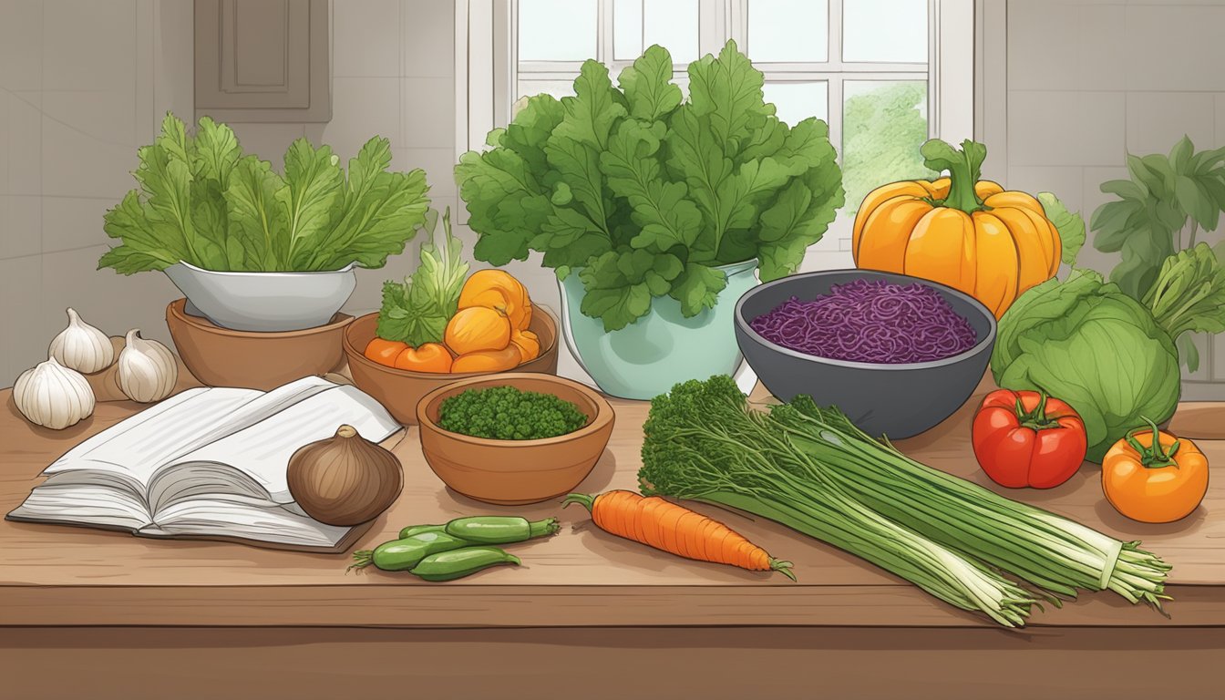 A serene kitchen with a variety of fresh vegetables, herbs, and spices arranged neatly on a wooden countertop, with a cookbook open to a page on Ayurvedic cooking