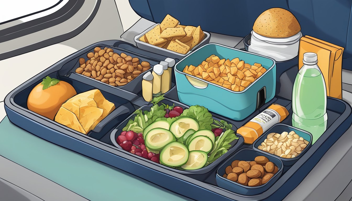 A person's keto-friendly meal tray on a plane, featuring a variety of low-carb snacks and a bottle of water, with a laptop and travel pillow nearby