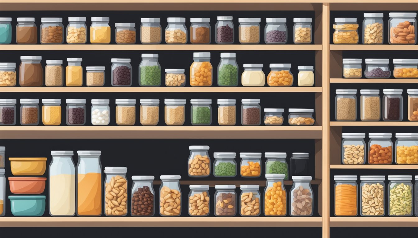 A pantry shelf filled with neatly organized jars and containers of various keto-friendly snacks, such as nuts, seeds, and dried fruits, all labeled with their nutritional information