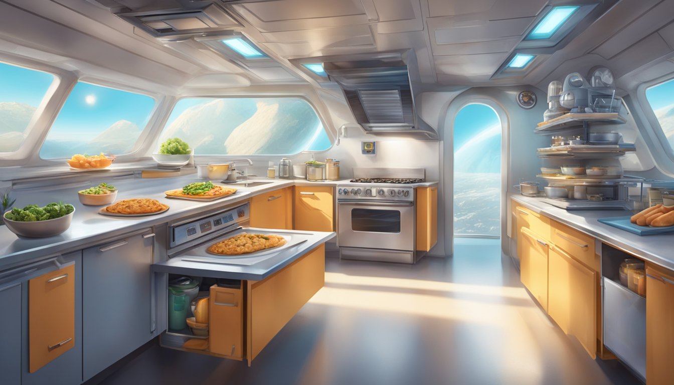 A spaceship kitchen with low-carb, high-fat food floating in zero gravity