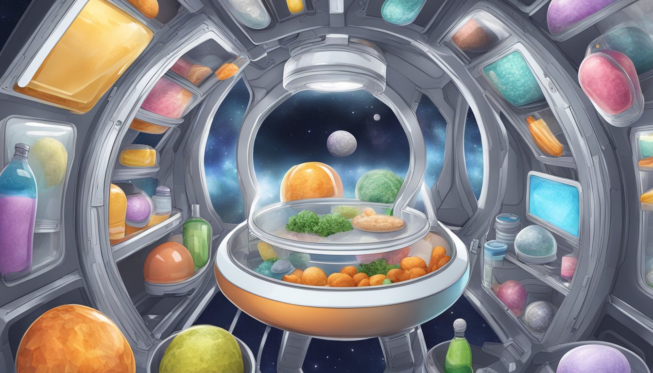 A space capsule interior with floating keto-friendly food pouches and nutrient-rich supplements