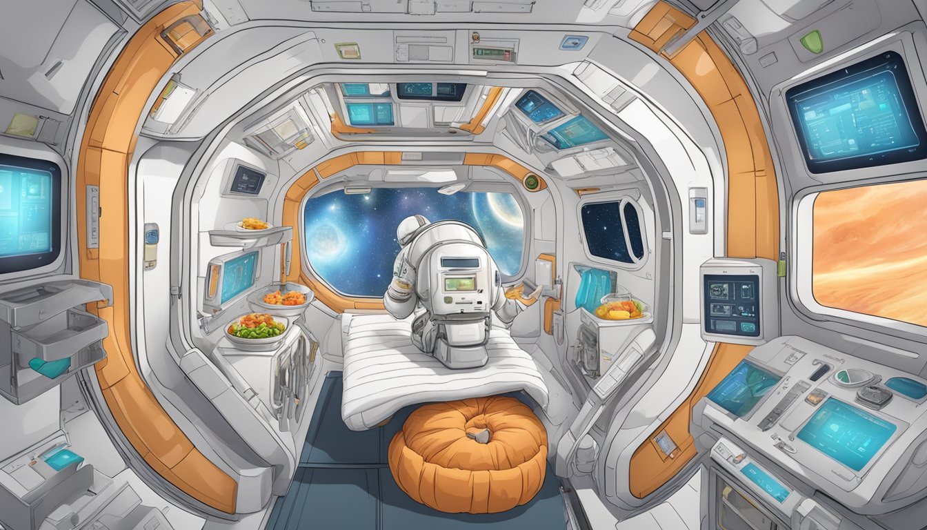 A space capsule with keto-friendly food supplies floating in zero gravity, surrounded by medical equipment and charts on the effects of the keto diet on astronaut health