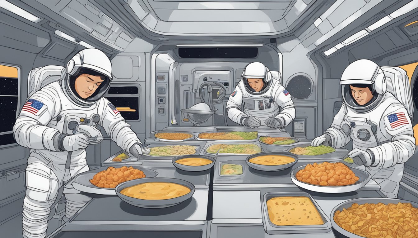 Astronauts preparing keto-friendly space meals with limited ingredients