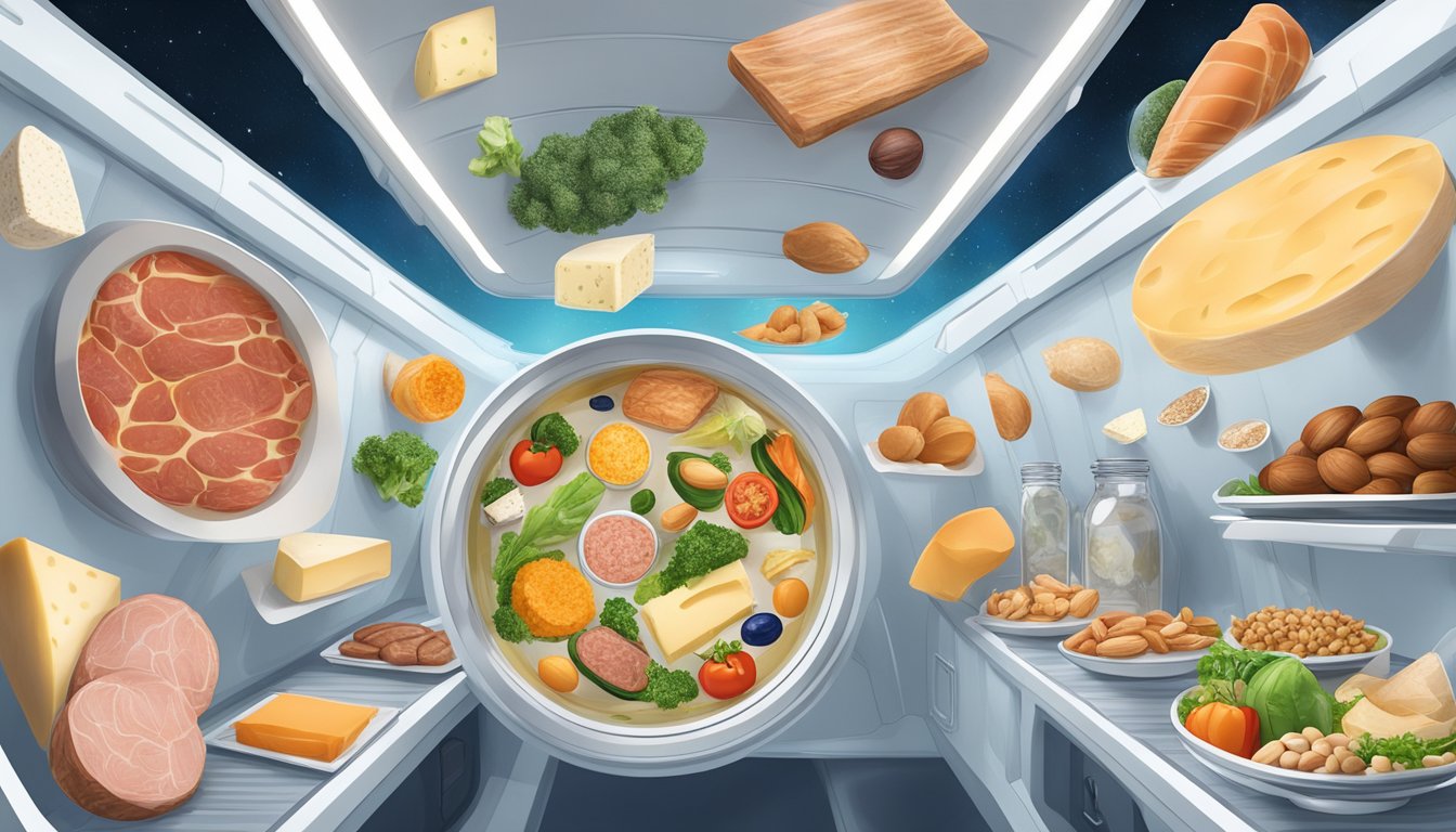 A variety of keto-friendly foods floating in zero gravity, including meats, cheeses, nuts, and low-carb vegetables, with specialized packaging for space travel